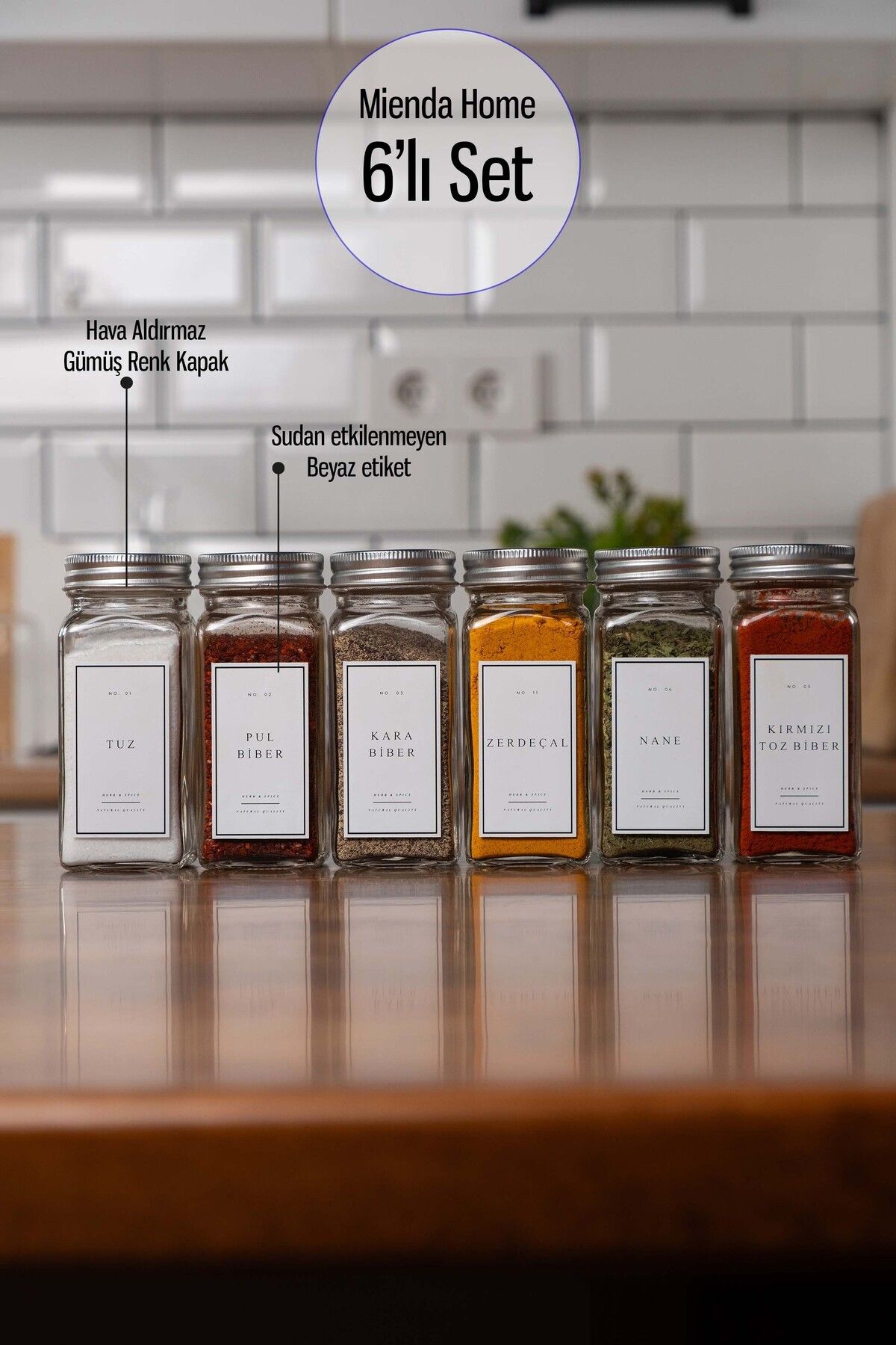 6'lı Cam Baharatlık Seti Gümüş Kapak Ve Beyaz Etiketli Baharatlık