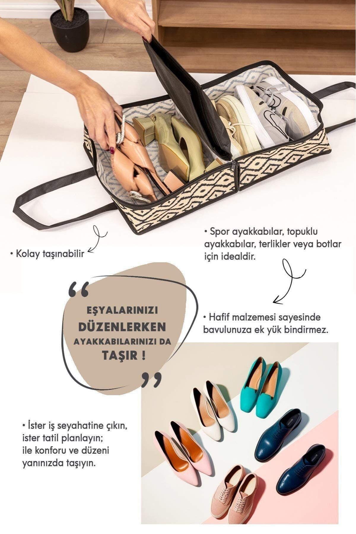 Bohe Çok Amaçlı Seyahat ve Ayakkabı Çantası – Hafif, Pratik, Şık Tasarım