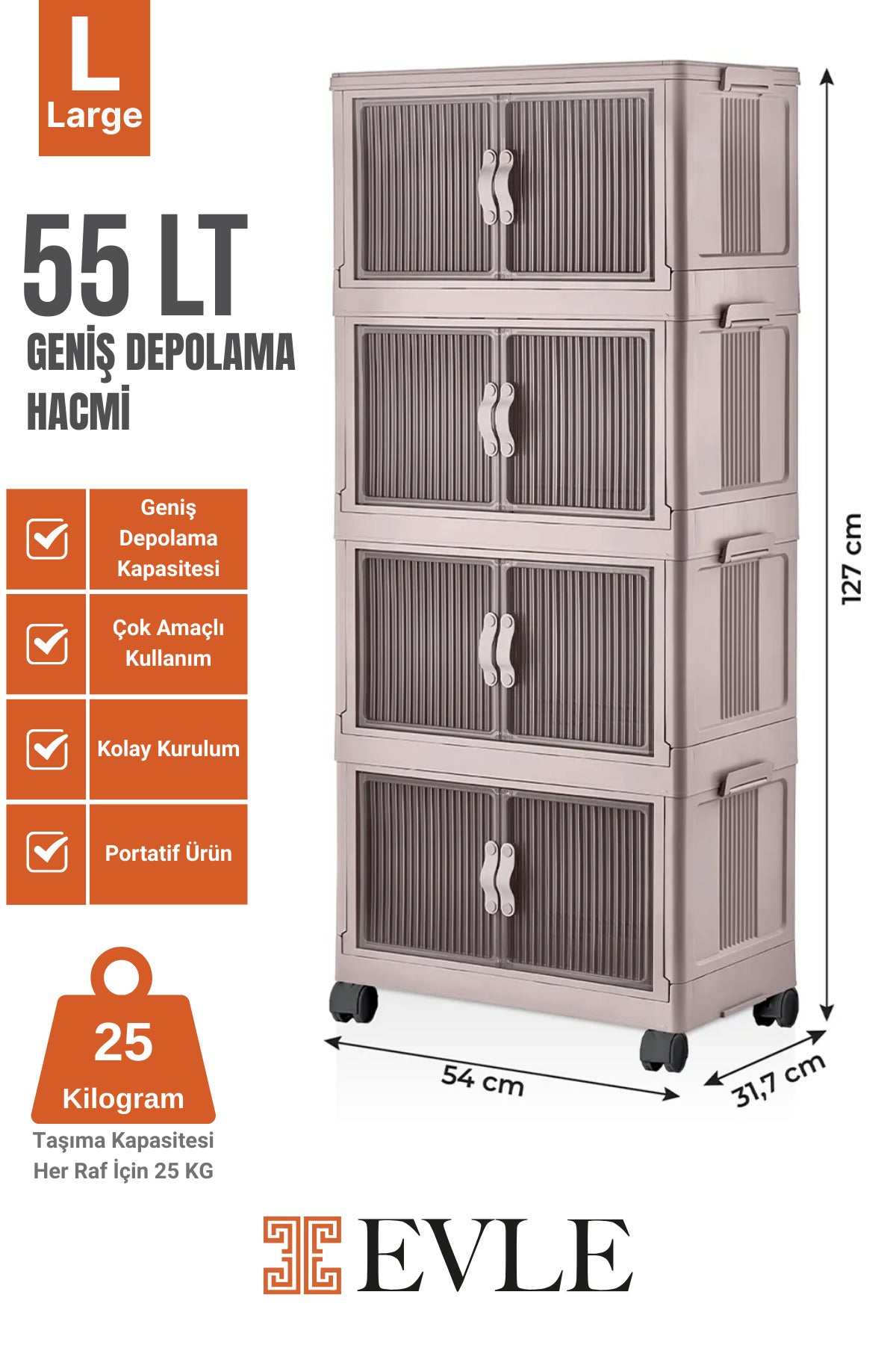 Evle Katlanabilir Modüler Dolap 4 Katlı 54 cm x 31,7 cm x 127 cm
