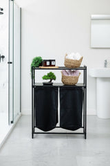 Banyo/Çamaşır Odası için 2 Raflı, 2 Bölmeli Metal Çamaşır Sepeti ve Düzenleyici Raf Ünitesi - Siyah