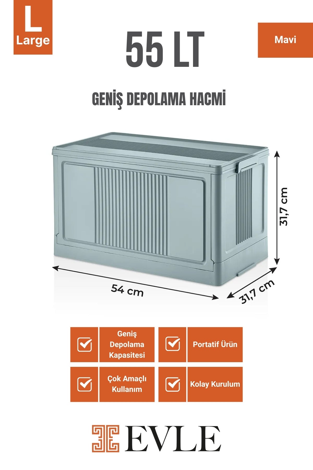 Çok Amaçlı Modüler Kasa, İstiflenebilir Organizer Düzenleyici 55 lt, 54 x 31,7 x 31,7 cm, Mavi