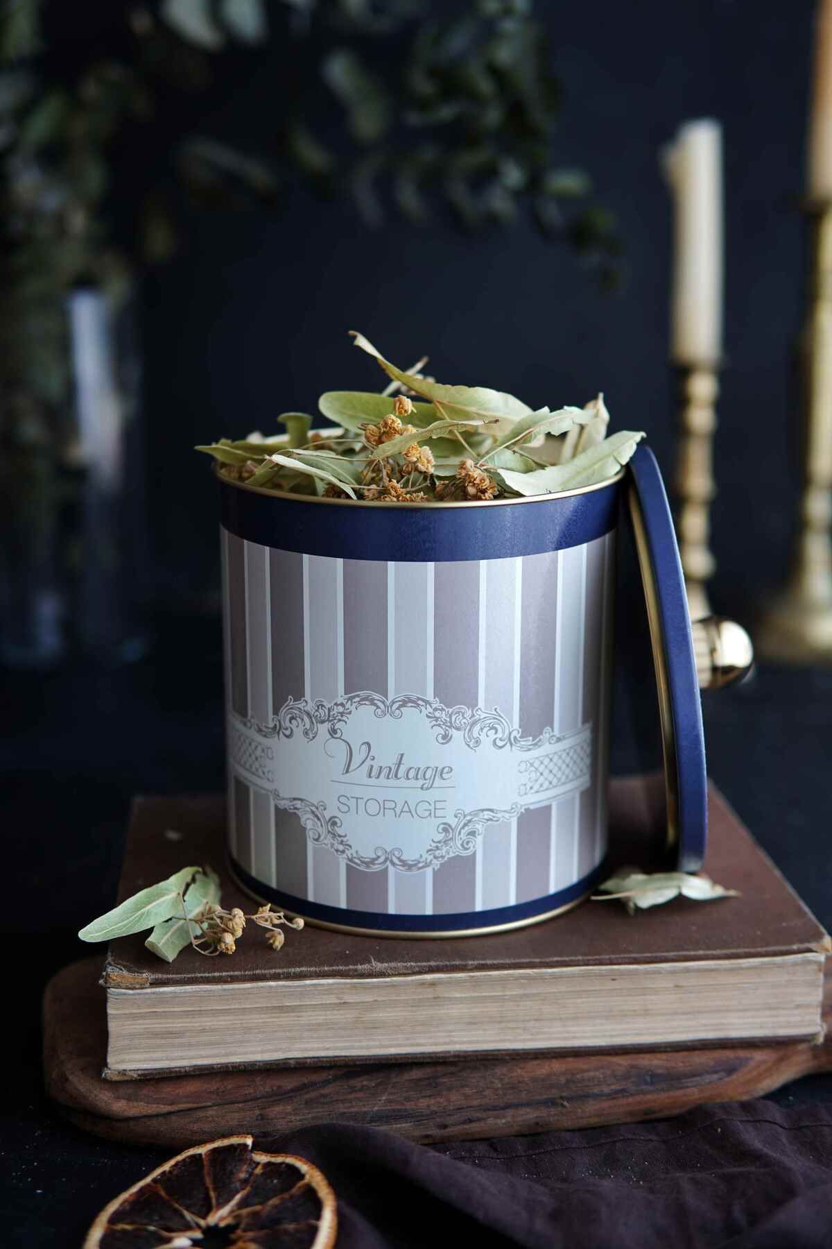 Elegance Desenli Yuvarlak Metal Saklama Kabı, Erzak Saklama Kabı 14 Cm X 15 Cm Er143-5b