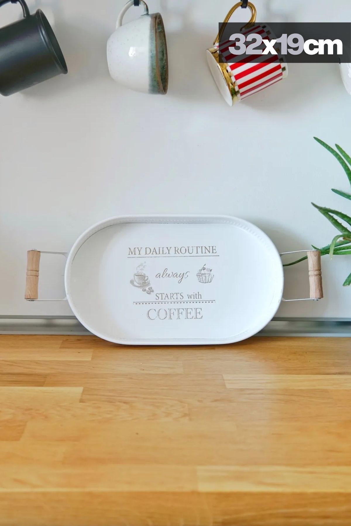 3'lü Ahşap Kulplu Metal Baton Tepsi Seti