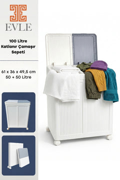 Evle 2 Bölmeli Tekerlekli 50 + 50 litre Kapaklı Çamaşır Sepeti, Kirli Sepeti / Gri