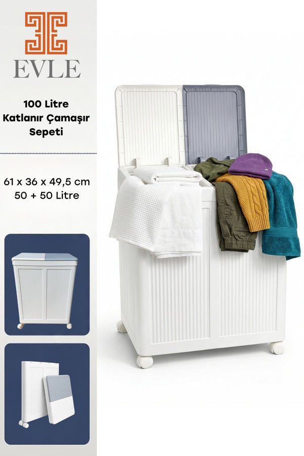 Evle 2 Bölmeli Tekerlekli 50 + 50 litre Kapaklı Çamaşır Sepeti, Kirli Sepeti / Gri