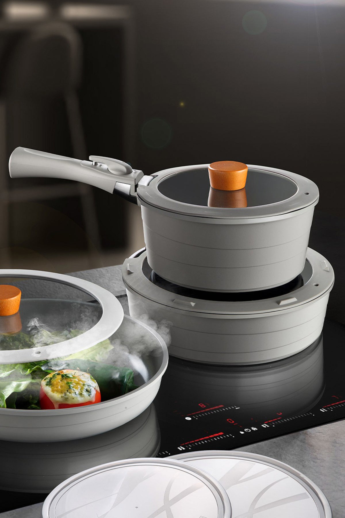 Midas Gri 9 Parça Ayrılabilen Saplı Iç Içe Geçebilen Indüksiyonlu Tencere Tava Seti