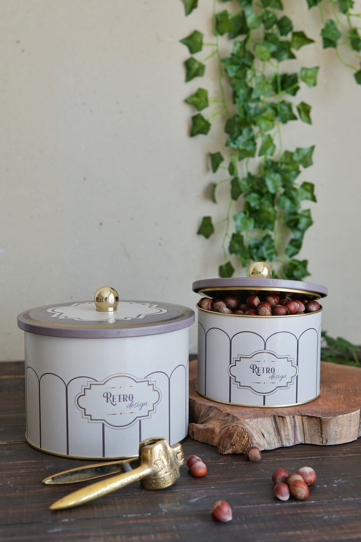 Retro Desenli Metal Saklama Kabı Seti - 2'li Set (1,3 Lt - 2,9 Lt) ERB53U6