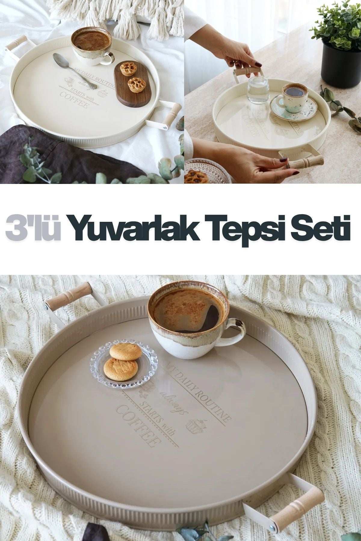 3'lü Ahşap Kulplu Yuvarlak Metal Tepsi Seti