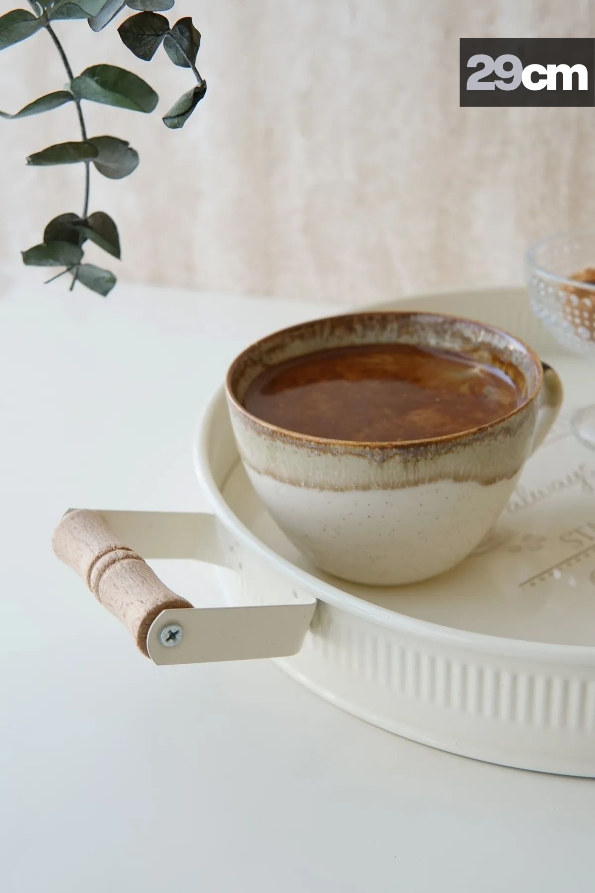 3'lü Ahşap Kulplu Yuvarlak Metal Tepsi Seti