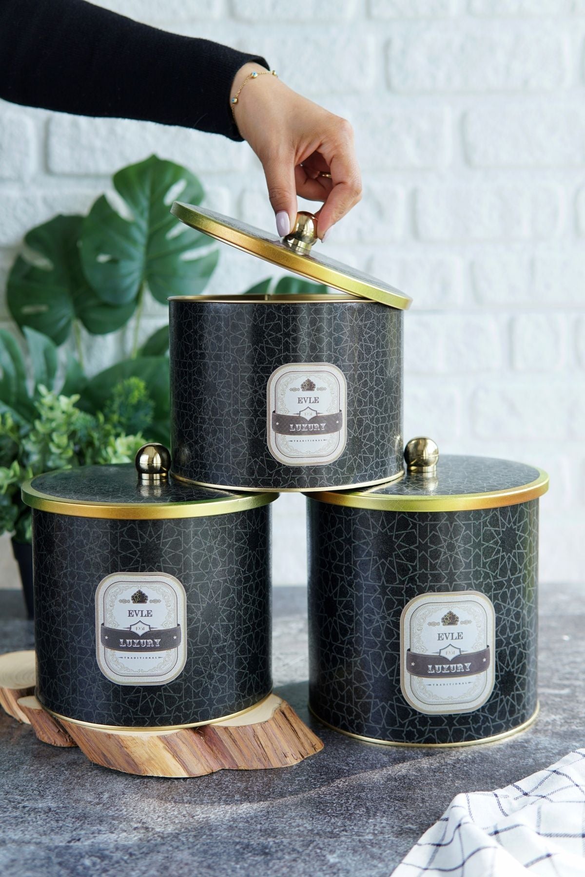 Trellis Desenli Metal Saklama Kabı Seti - 3'lü Set (2,9 Lt - 3,5 Lt - 4,1 Lt) ERB31V2