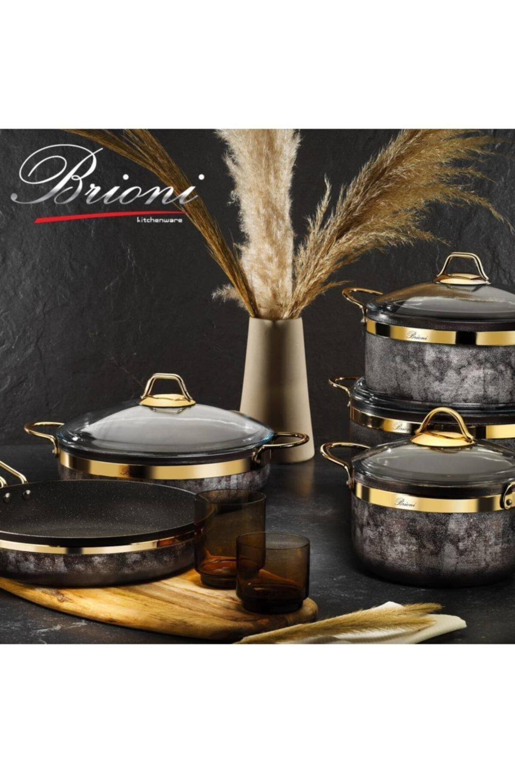Brioni Royal Stone 9 Parça Kum Taşı&altın Taş Granit Tencere Seti