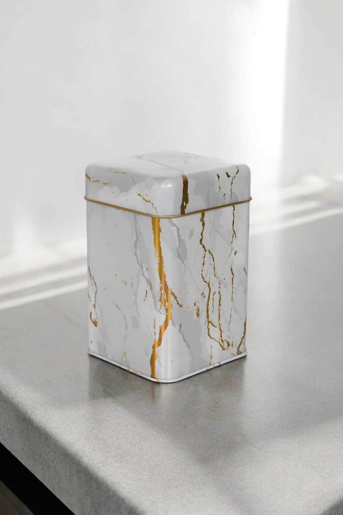 Ef022-51 Marble White Desenli Kare Metal Saklama Kabı 11x11 Cm