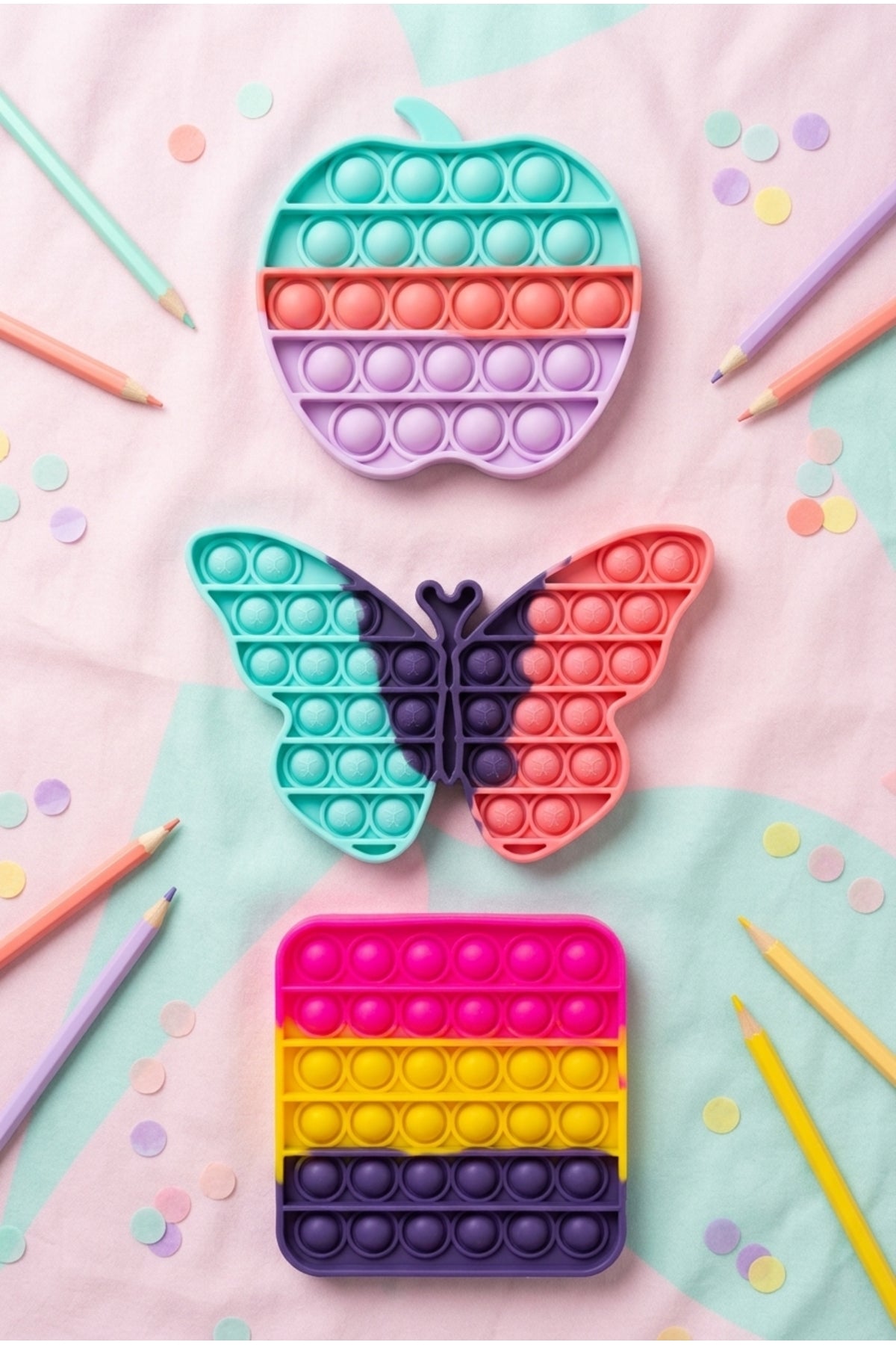 Evle Pop It 3'lü Set Elma Kelebek Kare Push Pop Bubble Duyusal Stres Oyuncağı Fidget Çocuk Oyuncak