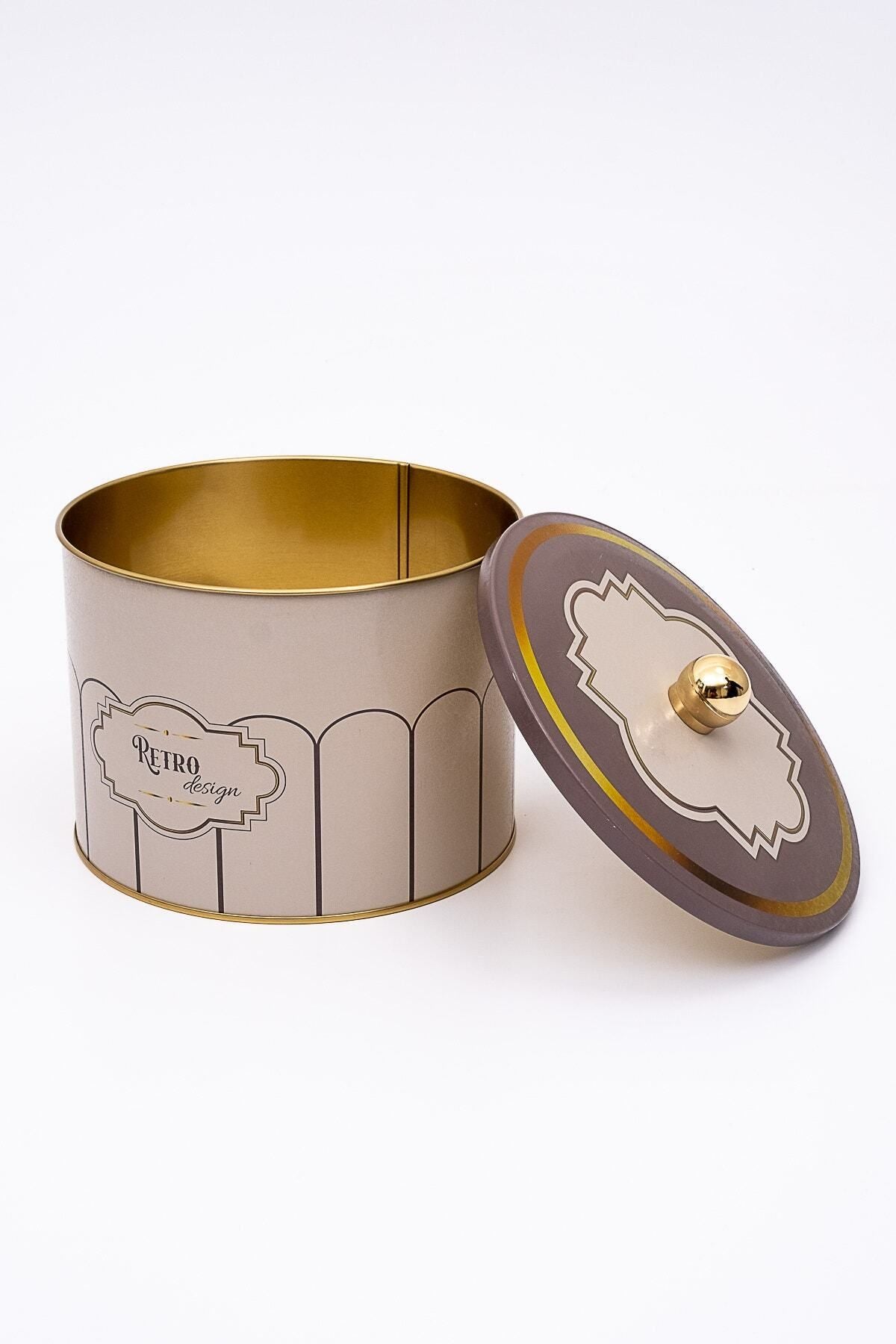 Retro Desenli Yuvarlak Metal Saklama Kabı 14 Cm, Erzak Kabı - Organizer 17,5 Cm X 13 Cm Er145-u6