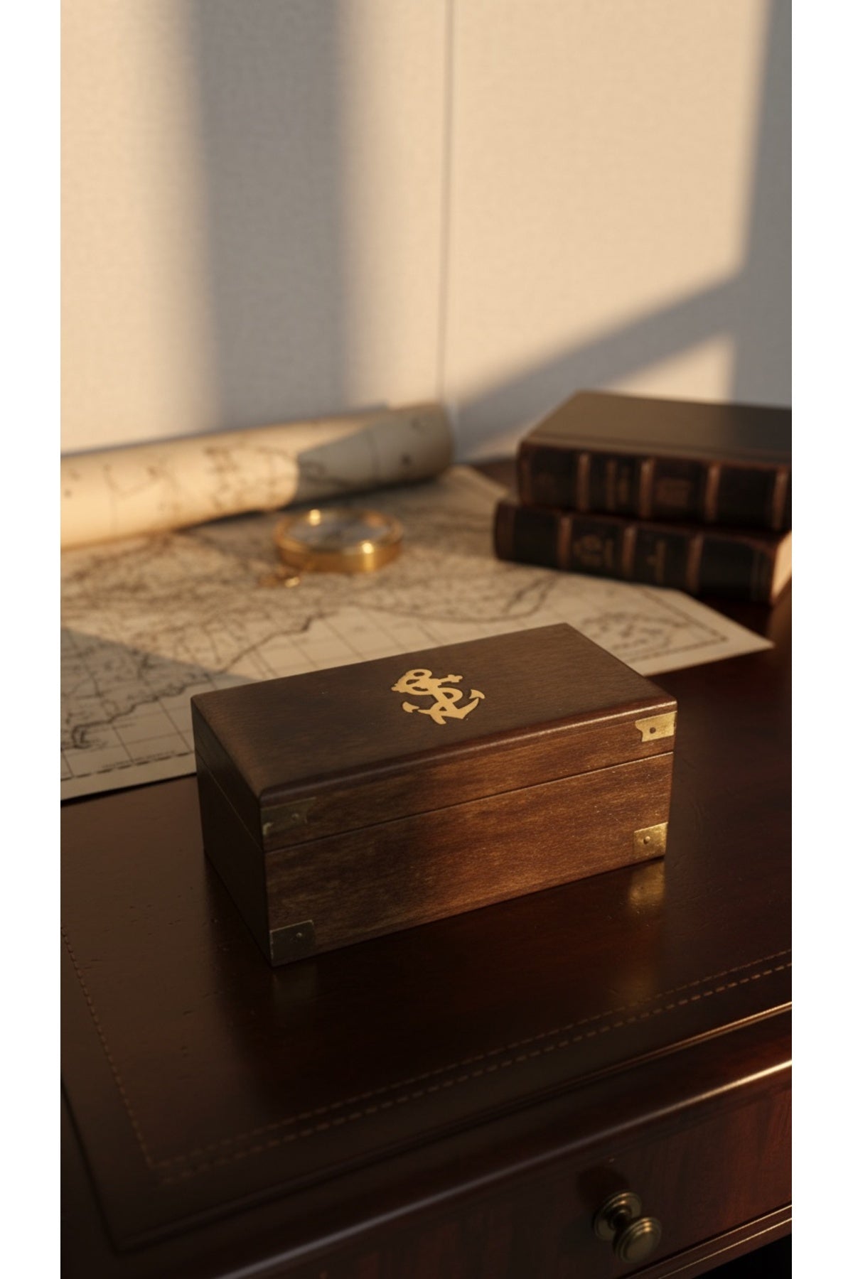 Ahşap Hediye Kutulu Pusulalı Kum Saati 12 cm Eskitme Metal Denizci Çapa Temalı Masaüstü Aksesuar