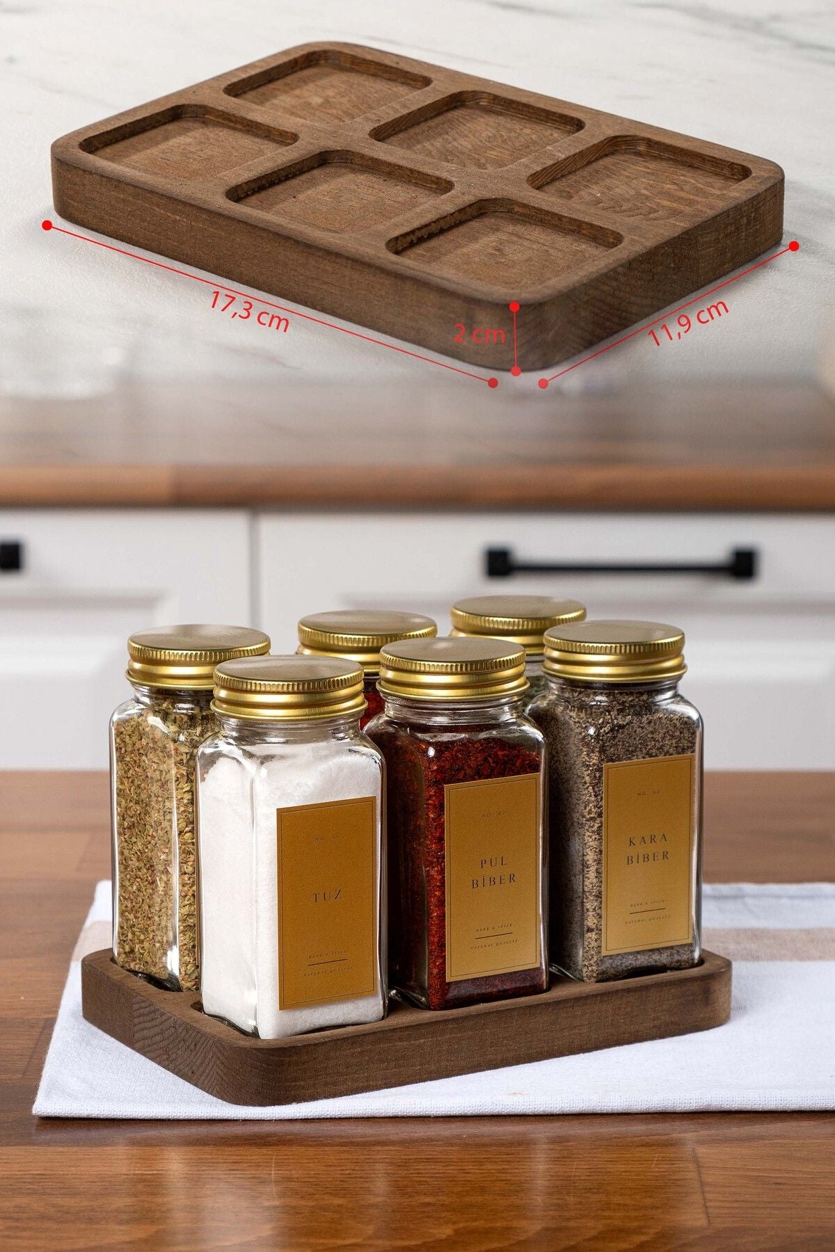 6'lı Kare Ahşap Standlı Baharatlık Gold Kapaklı-etiketli Cam Baharatlık Seti Mh01gld06k
