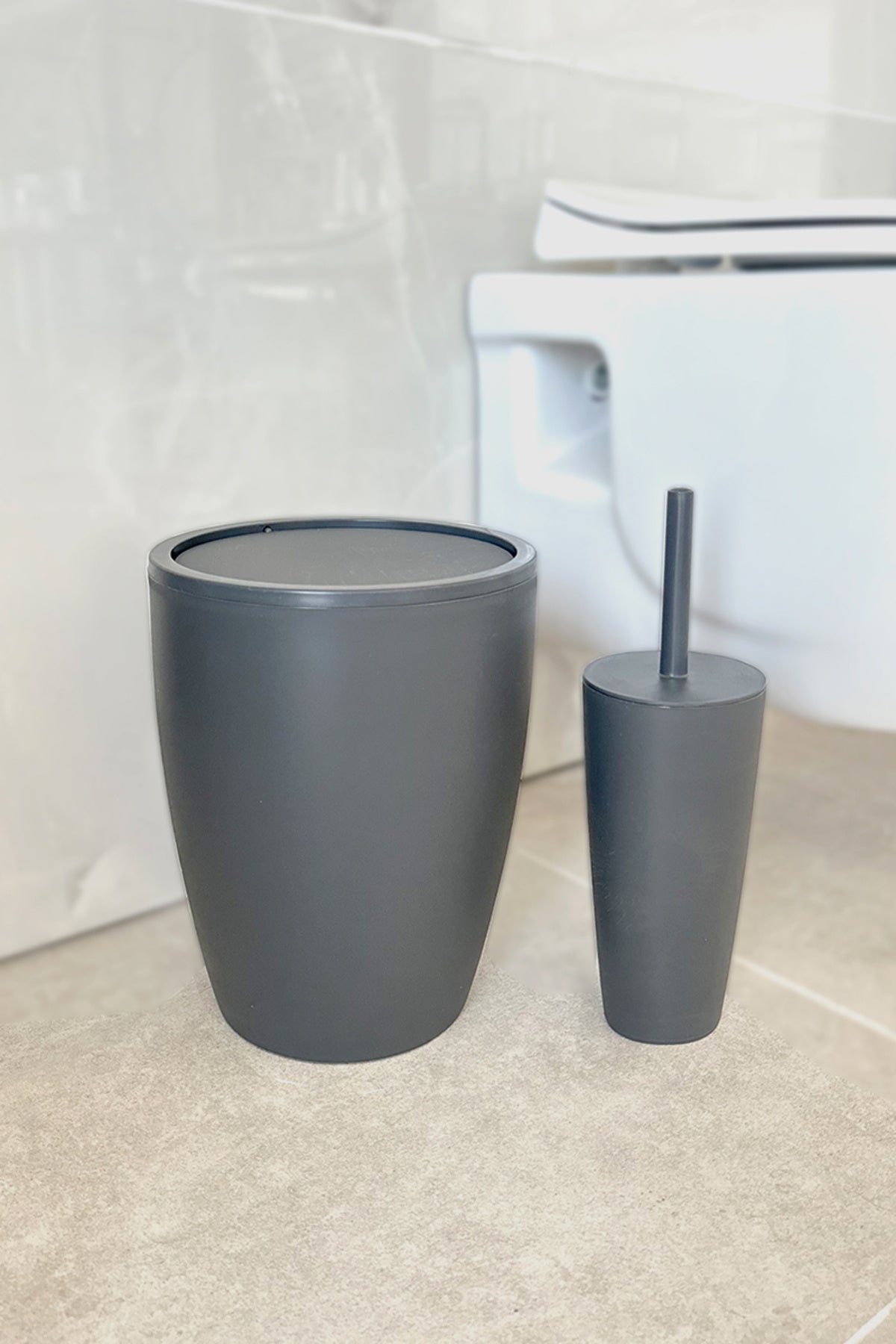 Prima Nova Pure 2'li Banyo Seti Çöp Kovası + Tuvalet Fırçası Gri