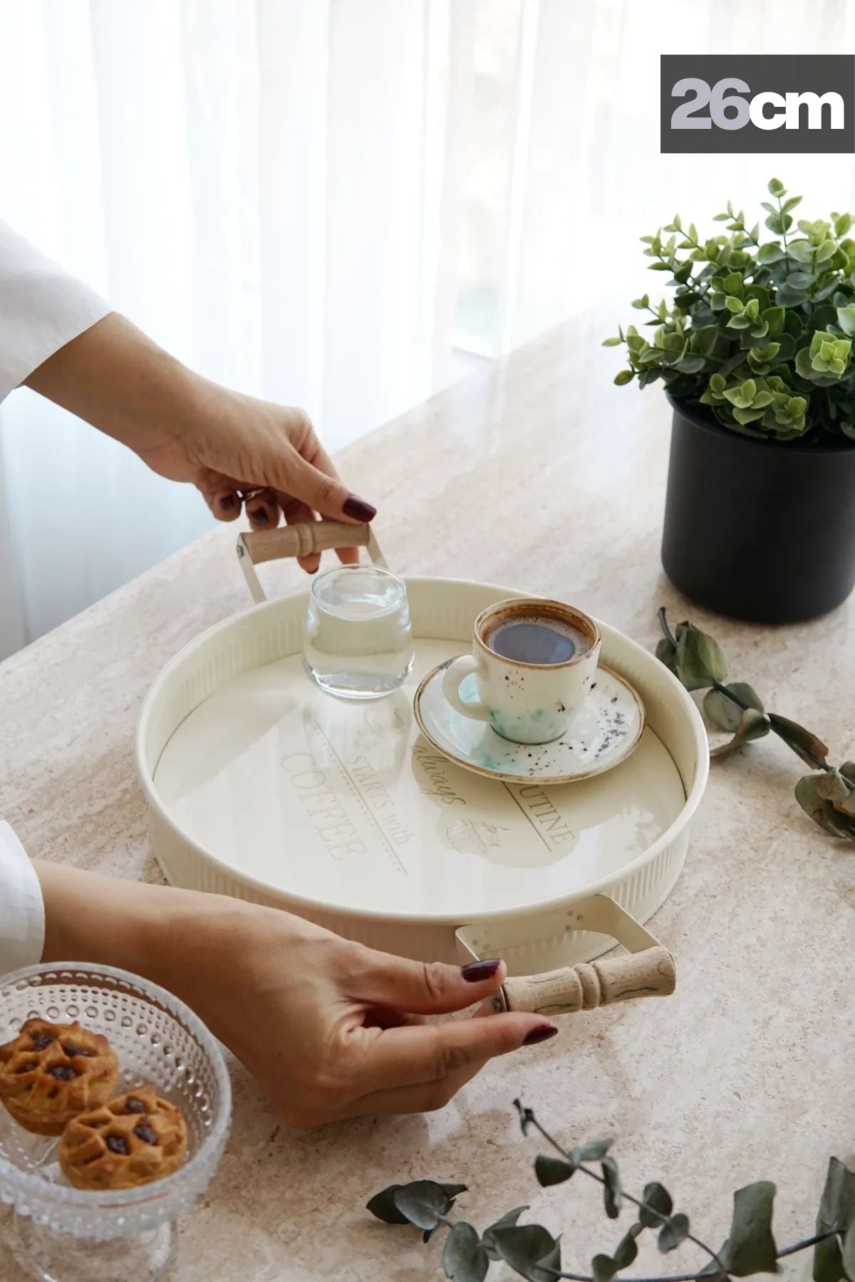 3'lü Ahşap Kulplu Yuvarlak Metal Tepsi Seti, Krem Set