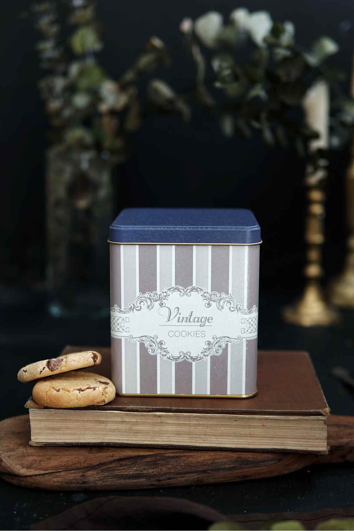 Er024-5j Elegance Cookies Desenli Kare Metal Saklama Kabı 12x12 Cm