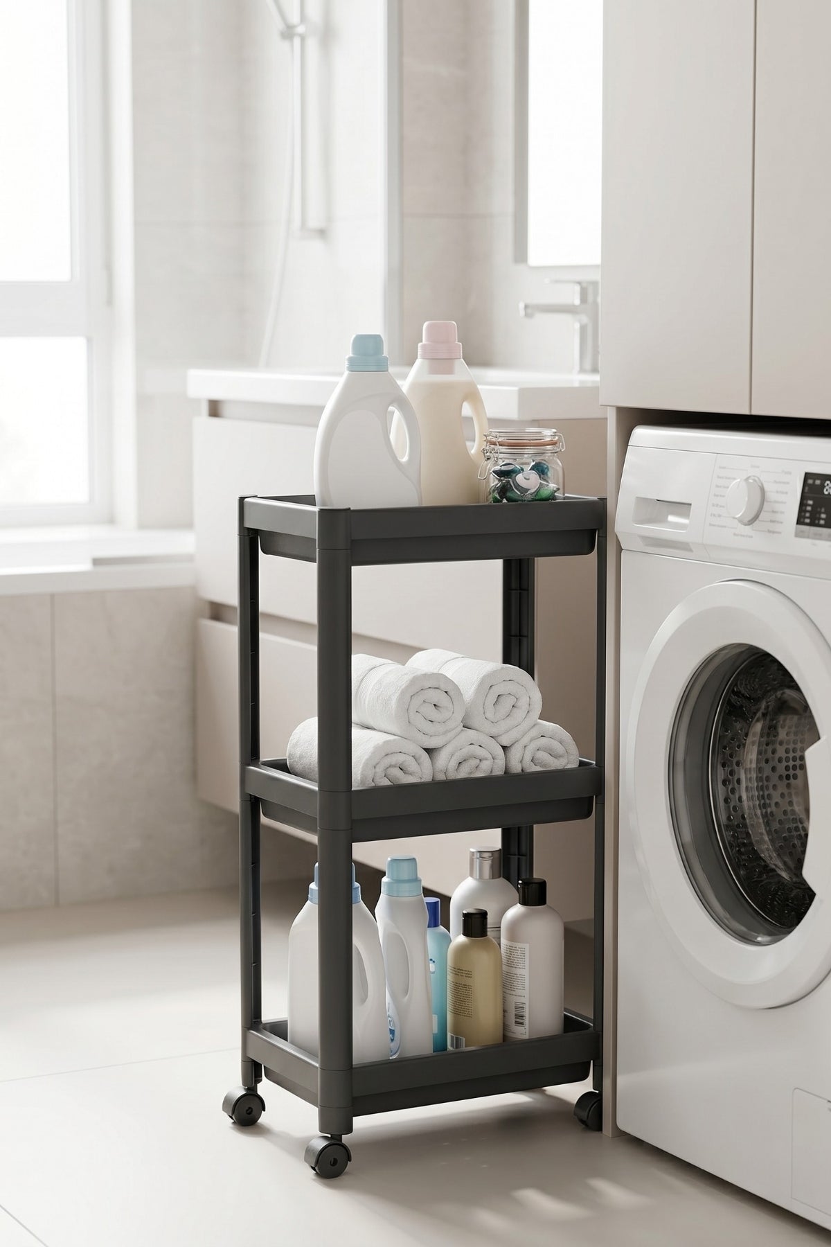 Dempa 3 Katlı Tekerlekli Dar Çok Amaçlı Plastik Düzenleyici Raf Mutfak Banyo Buzdolabı Arası