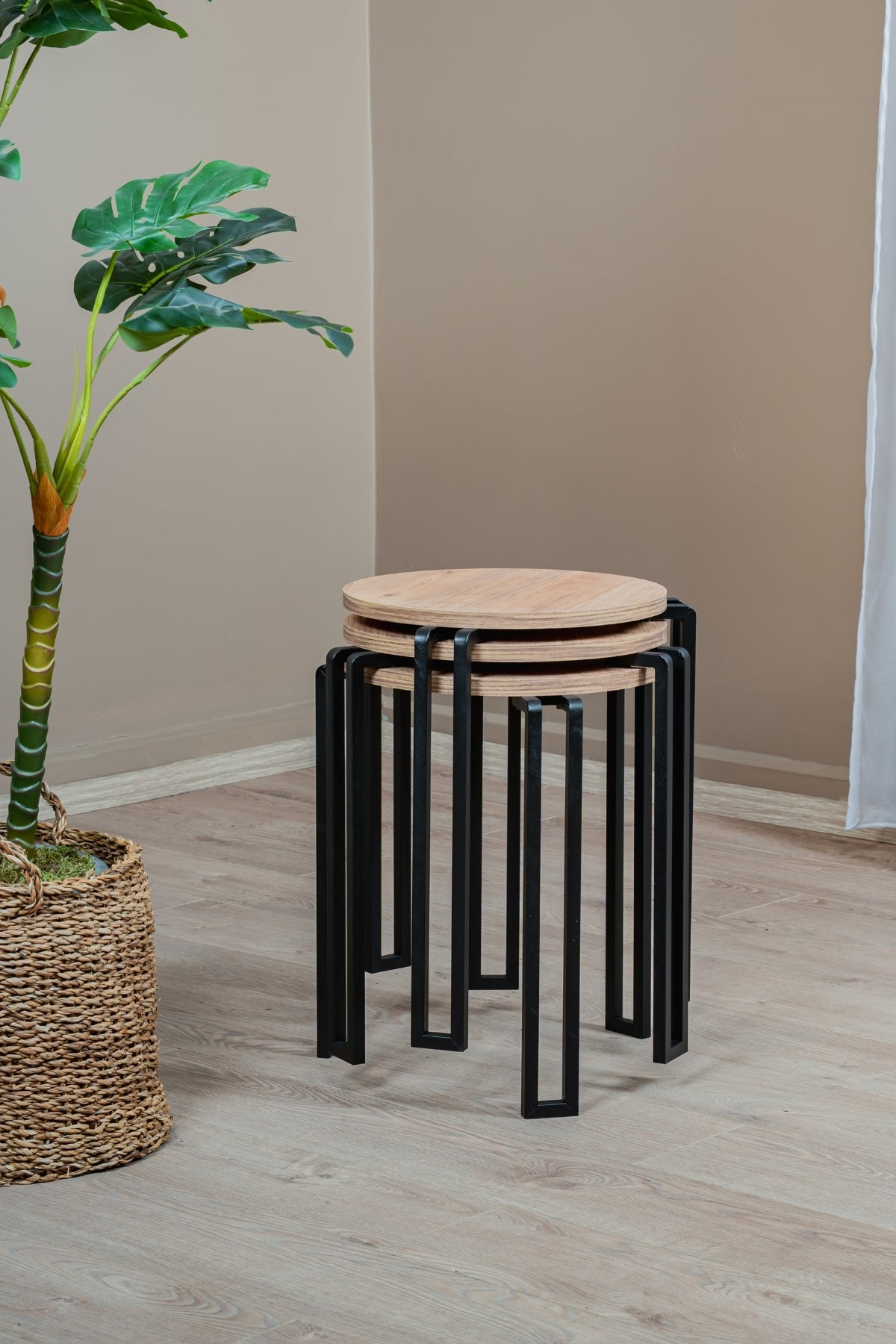 3'lü Zigon Sehpa Takımı, Modern Metal Ayaklı Yuvarlak Yan Sehpa, Ahşap Tablalı Orta Sehpa