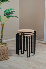 3'lü Zigon Sehpa Takımı, Modern Metal Ayaklı Yuvarlak Yan Sehpa, Ahşap Tablalı Orta Sehpa