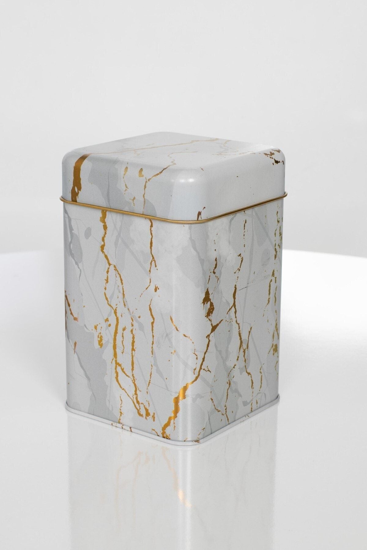 Ef022-51 Marble White Desenli Kare Metal Saklama Kabı 11x11 Cm