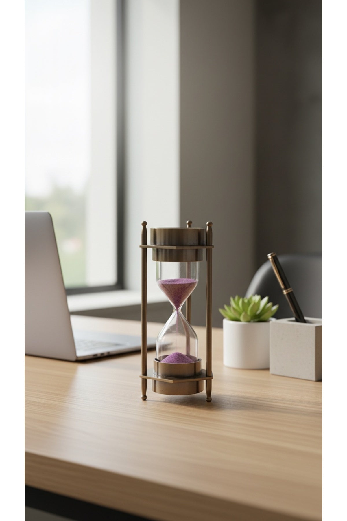 Ahşap Hediye Kutulu Pusulalı Kum Saati 12 cm Eskitme Metal Denizci Çapa Temalı Masaüstü Aksesuar