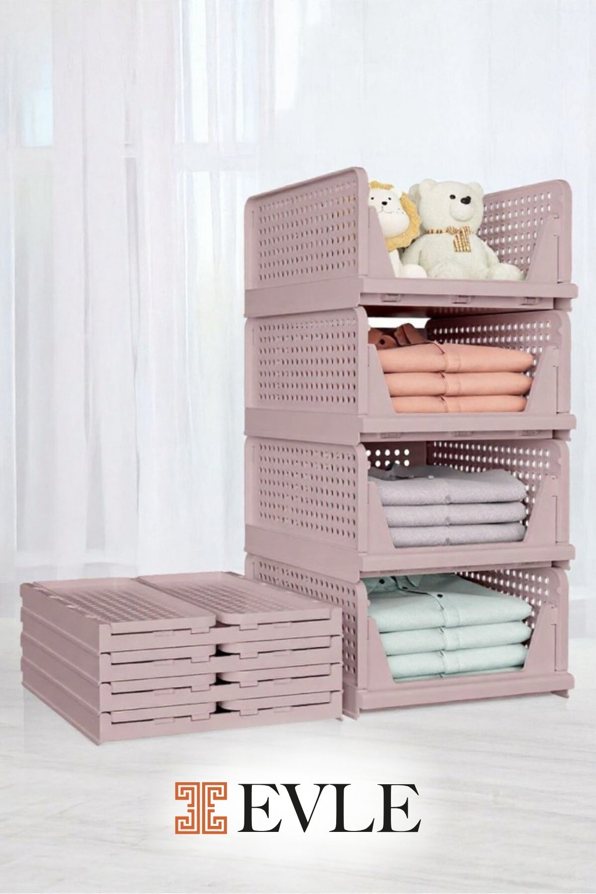 3'lü Mavi Modüler Raf Seti – Kayar Mekanizmalı Dolap İçi Düzenleyici, Pudra, 33,5 x 43 x 55.5 cm