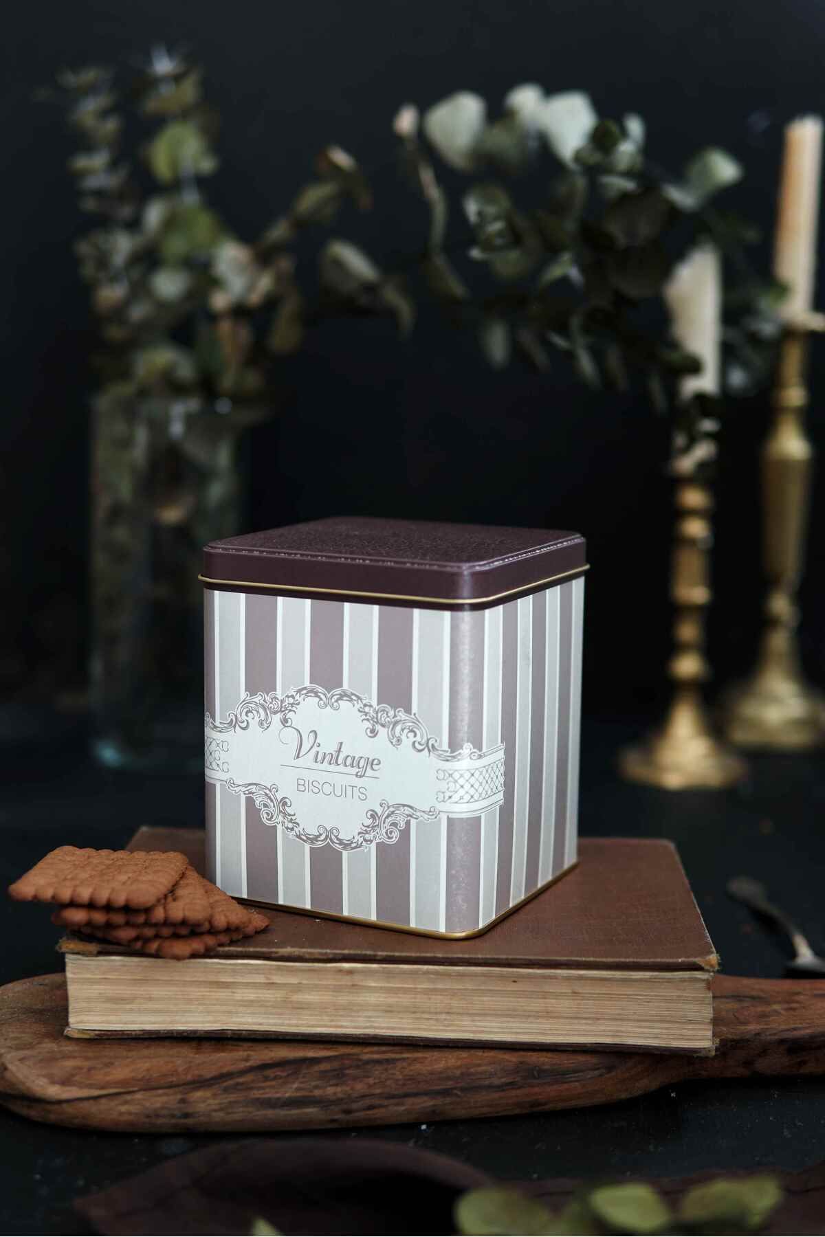 Er024-3j Elegance Biscuits Desenli Kare Metal Saklama Kabı 12x12 Cm