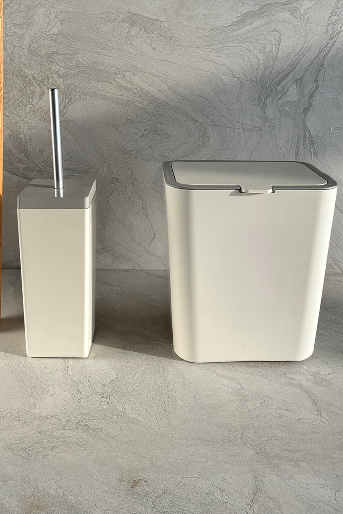 Primanova Flip 2'li Banyo Seti Çöp kovası Tuvalet Fırçası - Bej