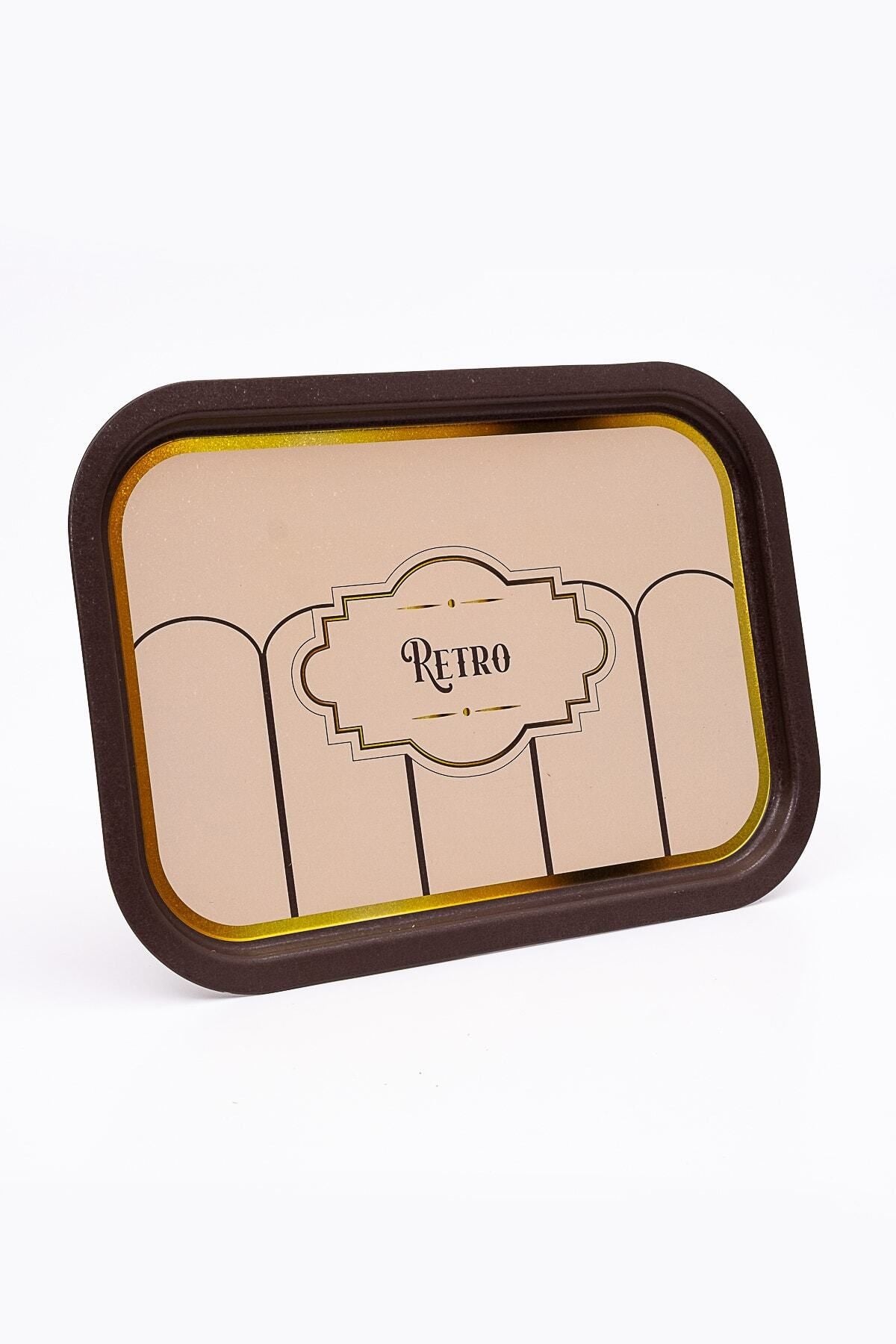 Retro Desenli Metal Tepsi - Çay Kahve Tepsisi - Sunum Tepsisi 28 Cm X 40 Cm Ee164-u6