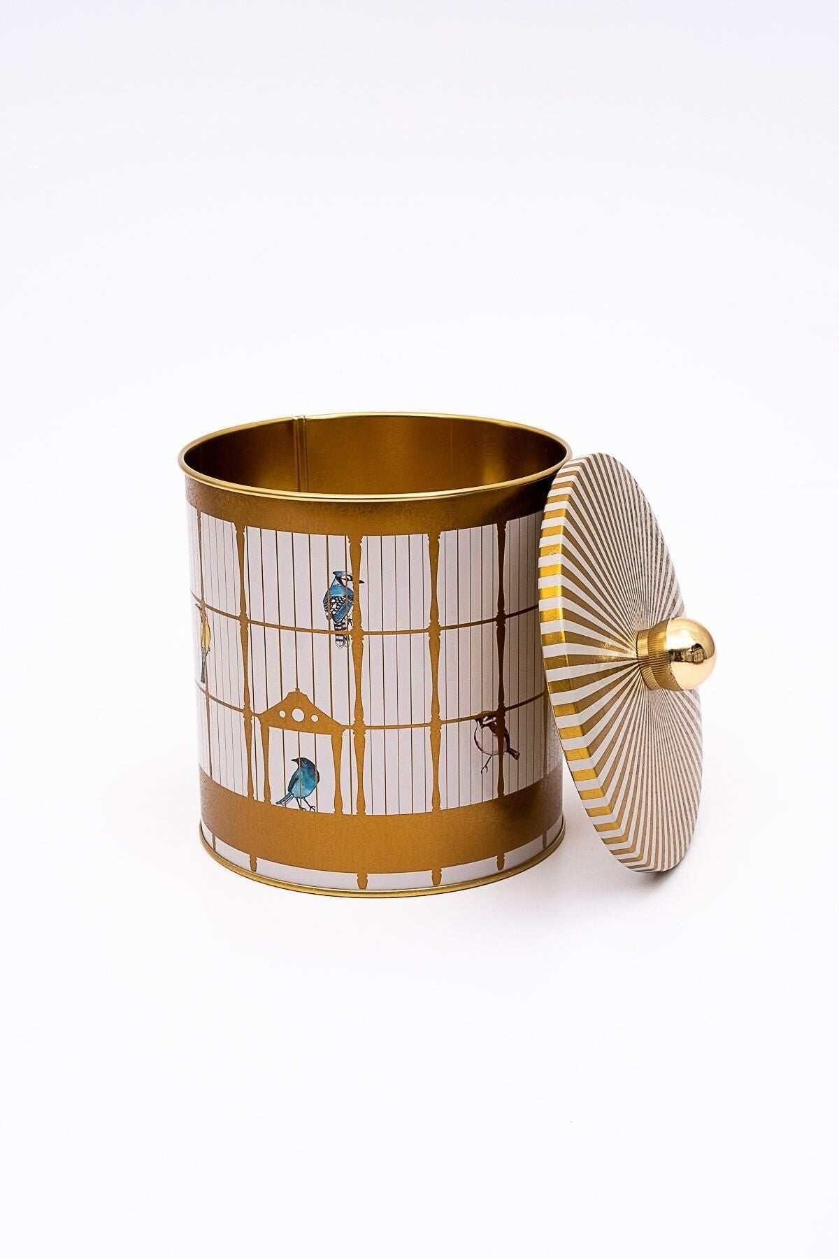 Bird Cage Desenli Yuvarlak Metal Saklama Kabı 14 Cm, Erzak Kabı  14 Cm X 15 Cm Er143-t7