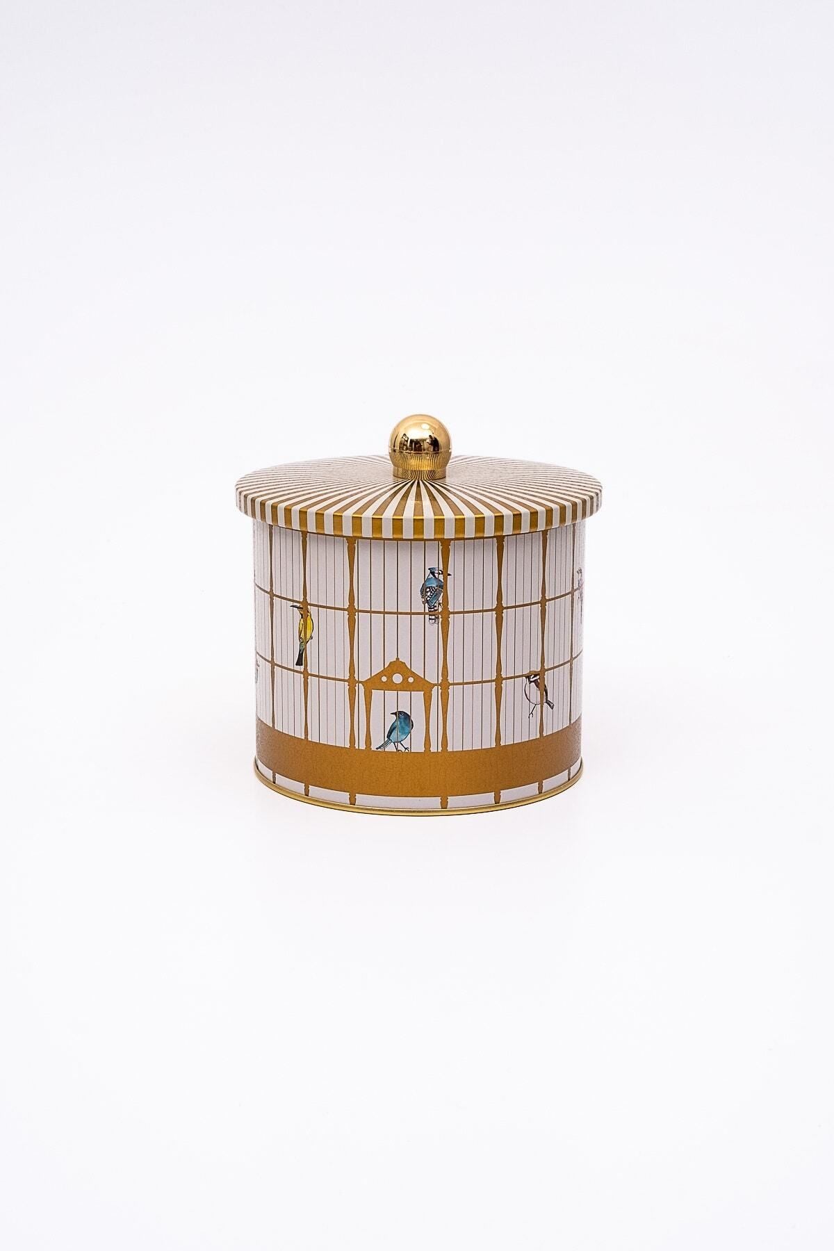 Bird Cage Desenli Yuvarlak Metal Saklama Kabı, Erzak Saklama Kabı - 14 Cm X 12,5 Cm Er142-t7
