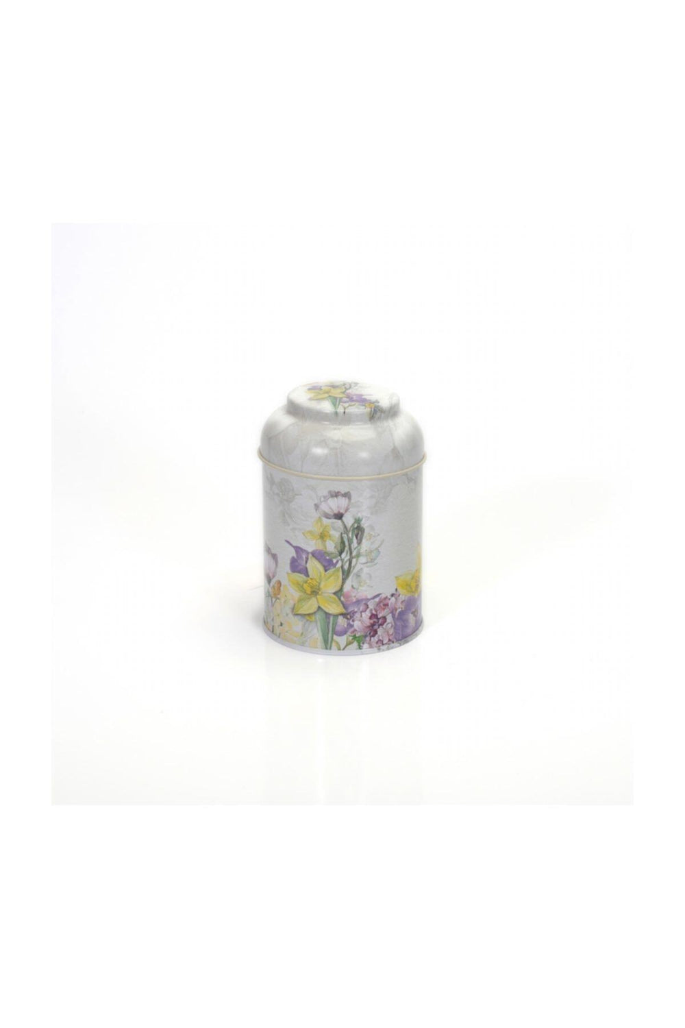 Evle yuvarlak kutu, kubbe kapaklı, çiçek desenli, 9 cm çapında, 11 cm yüksekliğinde