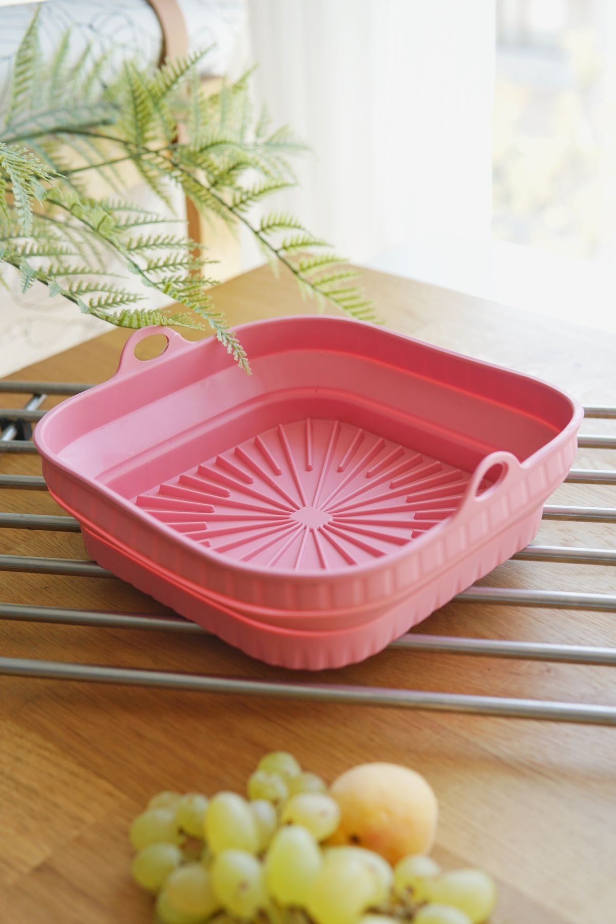 Katlanabilir Kare Silikon Airfryer Pişirme Kabı , Platinum Silikon, 21 x 21 x 6 cm, Pembe