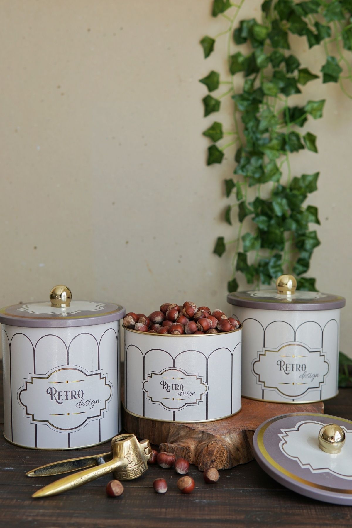 Retro Desenli Metal Saklama Kabı Seti - 3'lü Set (1,3 Lt - 1,7 Lt - 2,1 Lt) ERB30U6