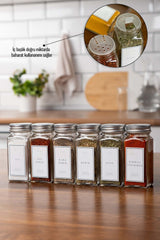 6'lı Cam Baharatlık Seti Gümüş Kapak Ve Beyaz Etiketli Baharatlık