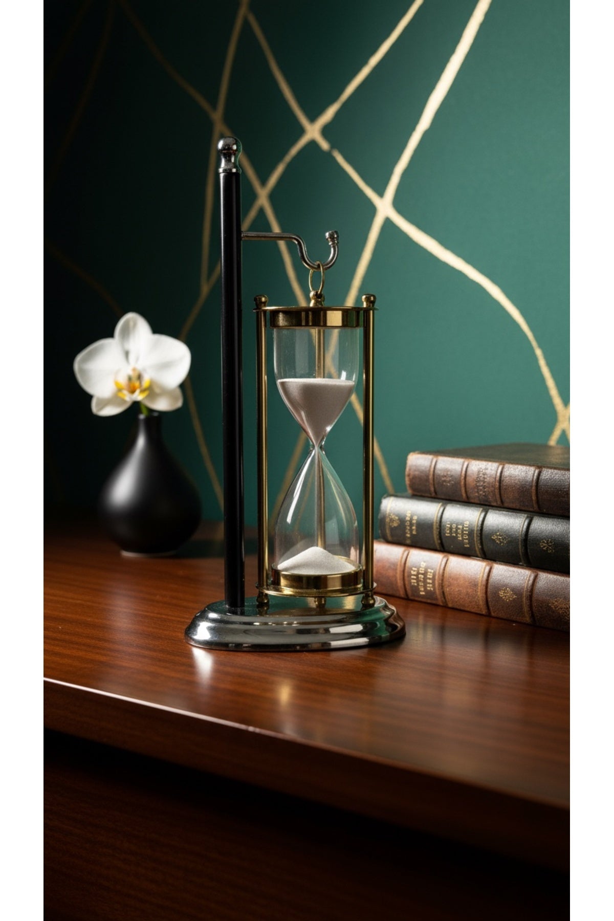 Siyah Standlı Askılı Kum Saati 28 cm Altın Gümüş Detaylı Beyaz Kumlu Dekoratif Lüks Ofis Hediyelik