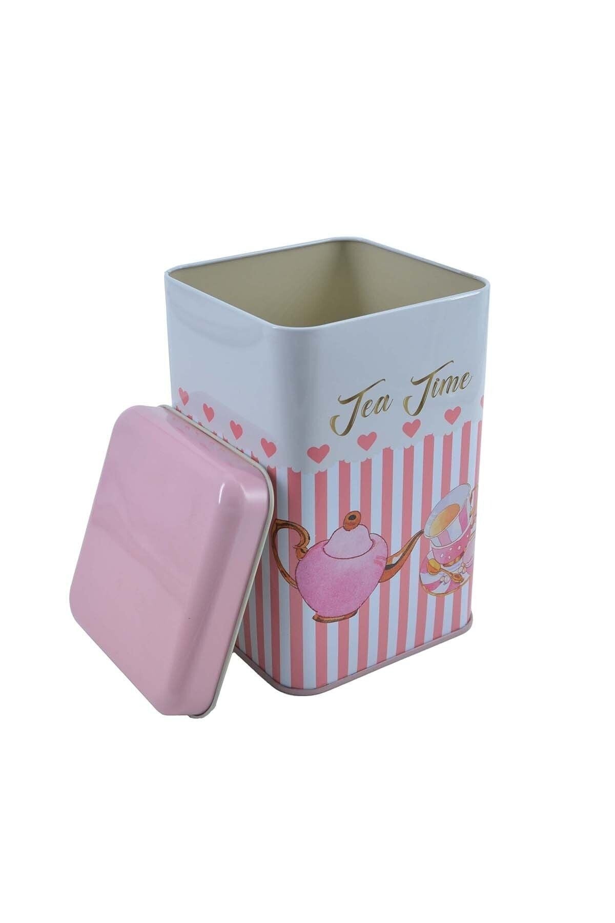 Ef022-e6 Sprinkles Tea Time Desenli Kare Metal Saklama Kabı 11x11 Cm