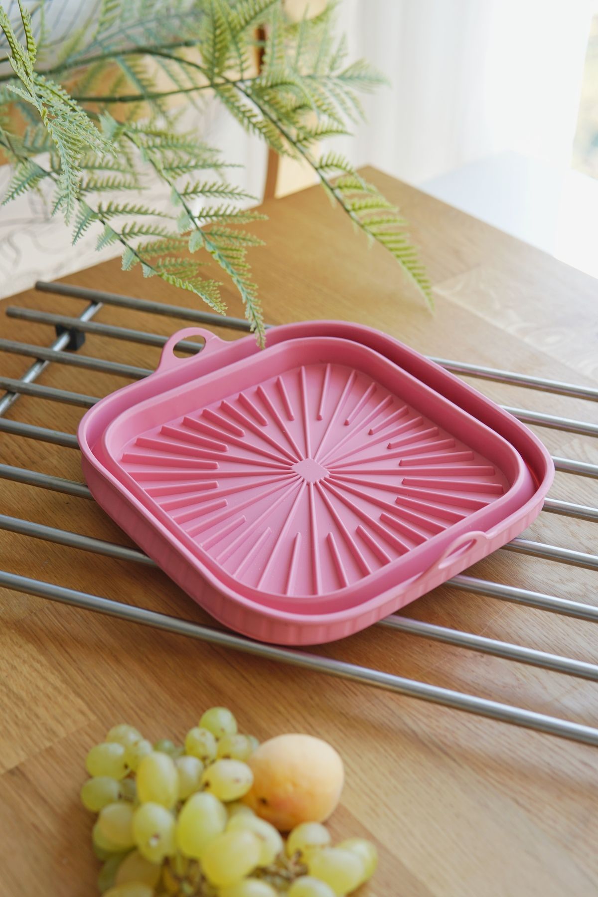 Katlanabilir Kare Silikon Airfryer Pişirme Kabı , Platinum Silikon, 21 x 21 x 6 cm, Pembe