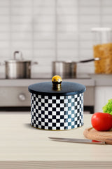 Ef141-g8 Checkers Black Desenli Yuvarlak Metal Saklama Kabı 14 Cm