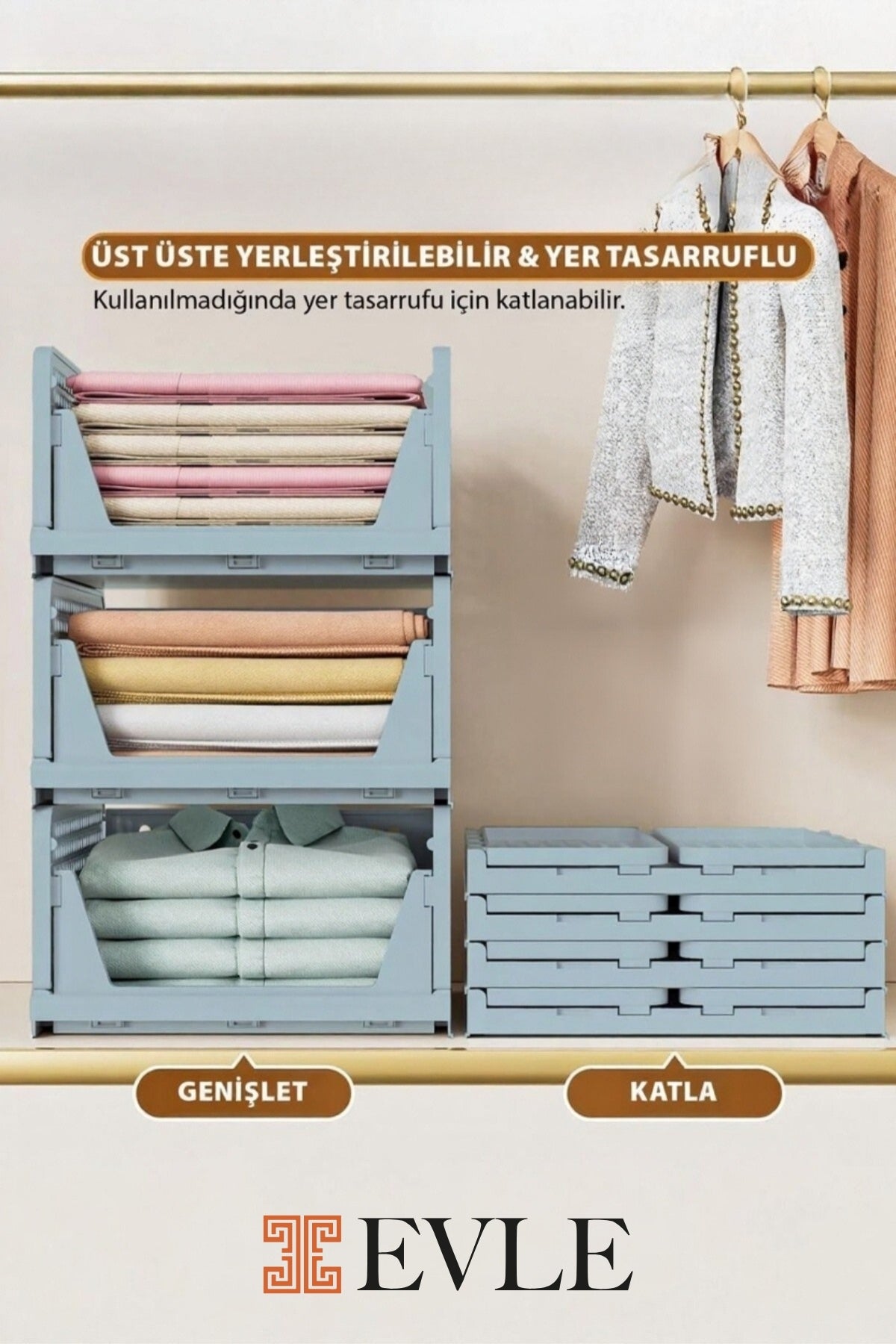 Evle Fold & Go Katlanır 3lü Organizer Kayar Raf, Mavi