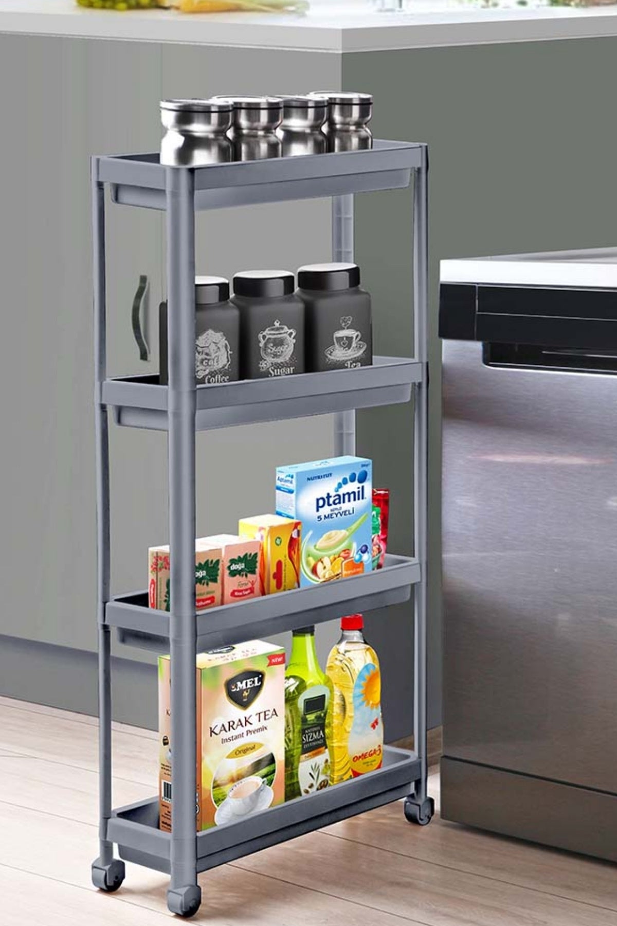 Evle 4 Katlı Tekerlekli Slim Raf Modüler Banyo Rafı, Mutfak Rafı