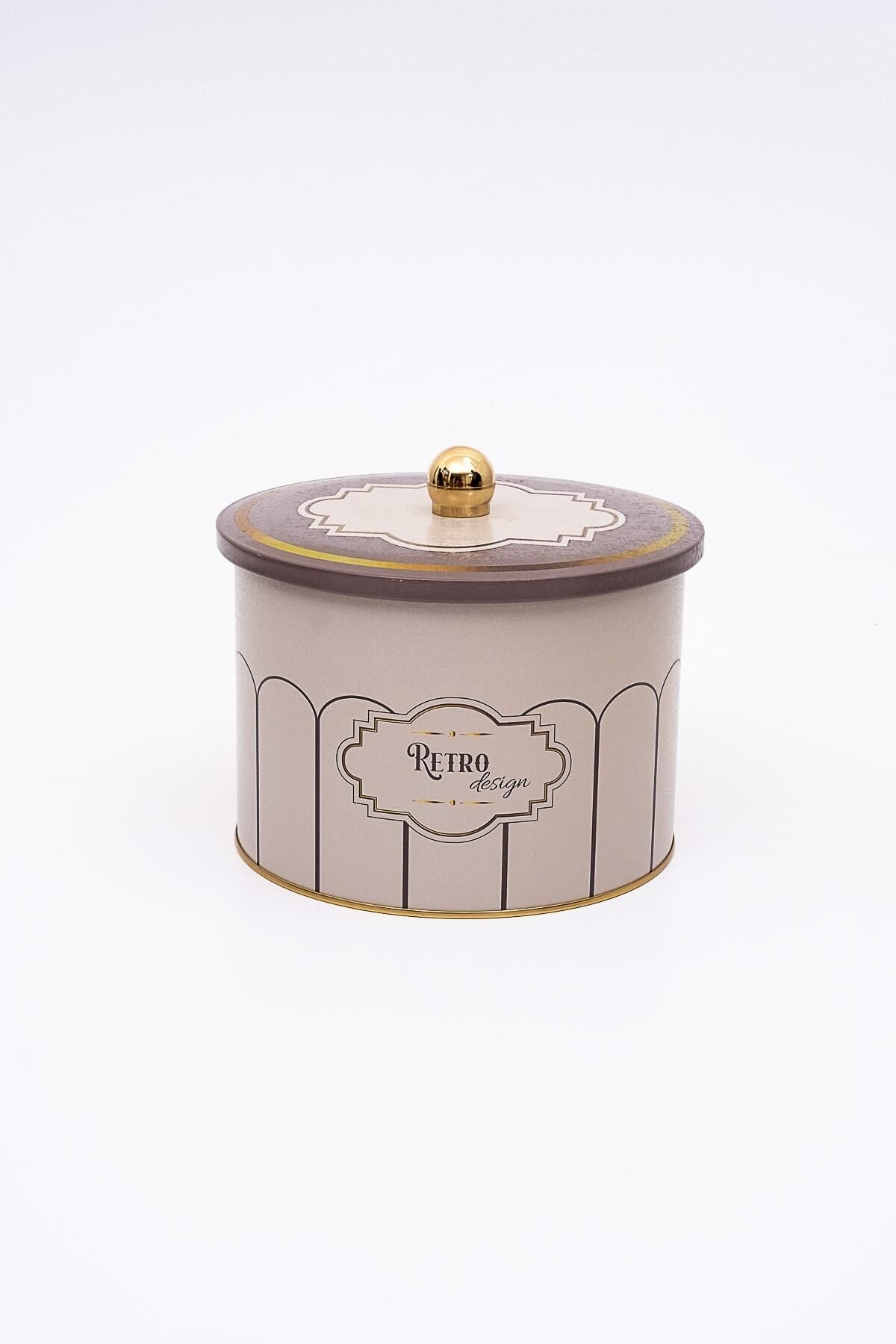 Retro Desenli Yuvarlak Metal Saklama Kabı 14 Cm, Erzak Kabı - Organizer 17,5 Cm X 13 Cm Er145-u6