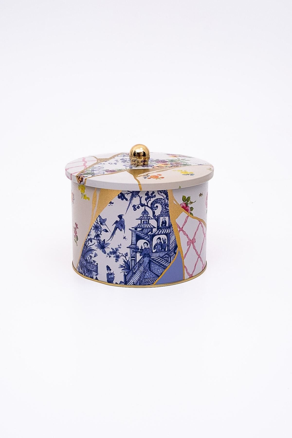 Kint Sugi Desenli Yuvarlak Metal Saklama Kabı 14 Cm, Erzak Kabı - Organizer 17,5 Cm X 13 Cm Er145-5i