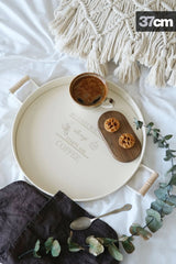 3'lü Ahşap Kulplu Yuvarlak Metal Tepsi Seti, Krem Set