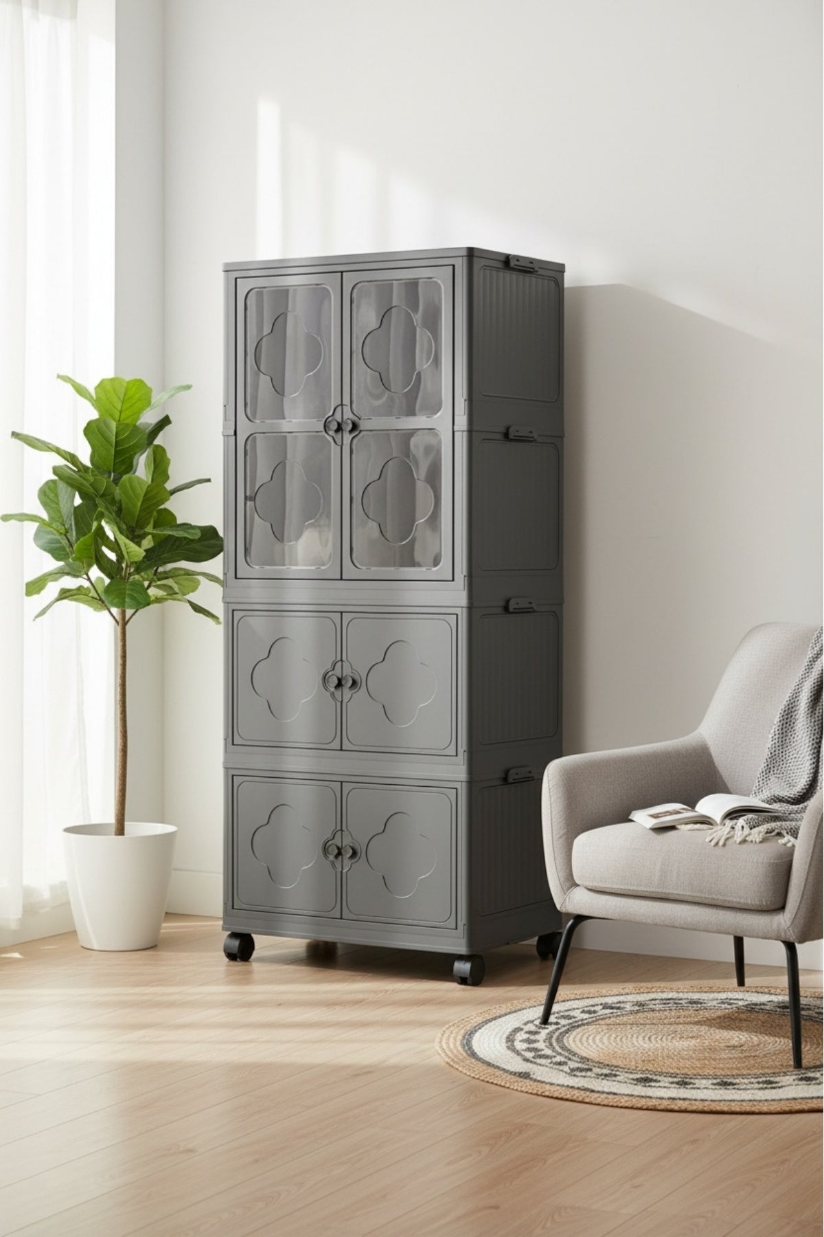 3 Katlı Portatif Gardırop & Dolap – Tekerlekli, Katlanabilir, Çok Amaçlı, Kapaklı, Antrasit