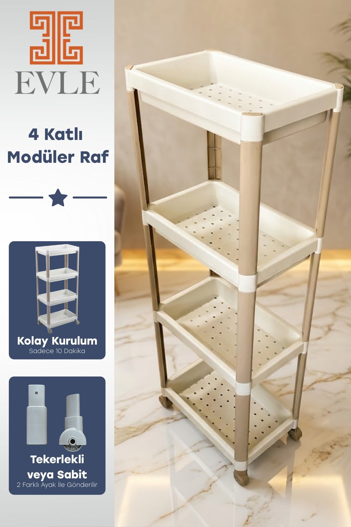 Evle 4 Katlı Tekerlekli Modüler Raf Ünitesi - Çok Amaçlı Mutfak Banyo Balkon Düzenleyici "Antrasit Gri"