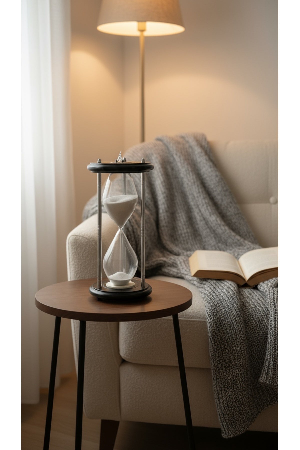 Dev Boy Güneş Saatli Kum Saati 31.5 cm Lüks Masaüstü Hediyelik Siyah Gümüş Modern Ofis Aksesuarı